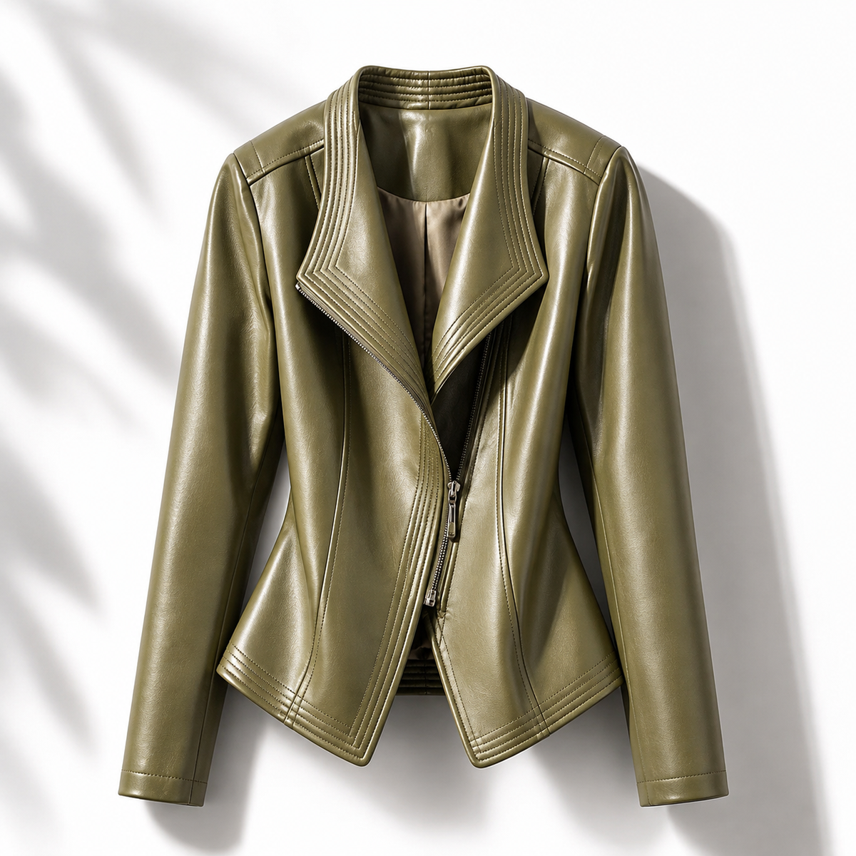 Draped Lapel Asymmetric Zip Faux Leather Jacket