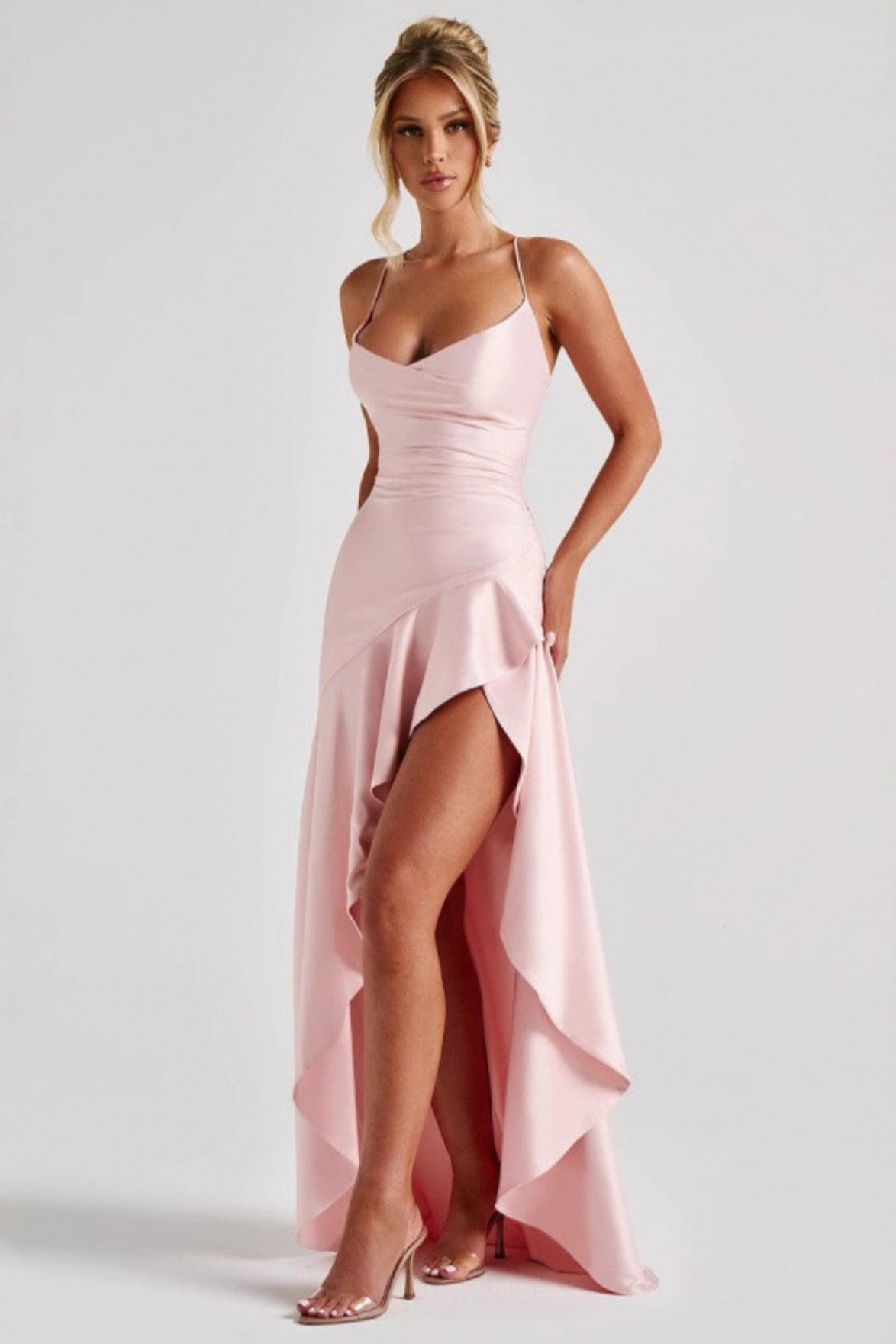 Satin Cowl Neck Spaghetti Strap Ruffle High Split Slip Maxi Dress - View 3