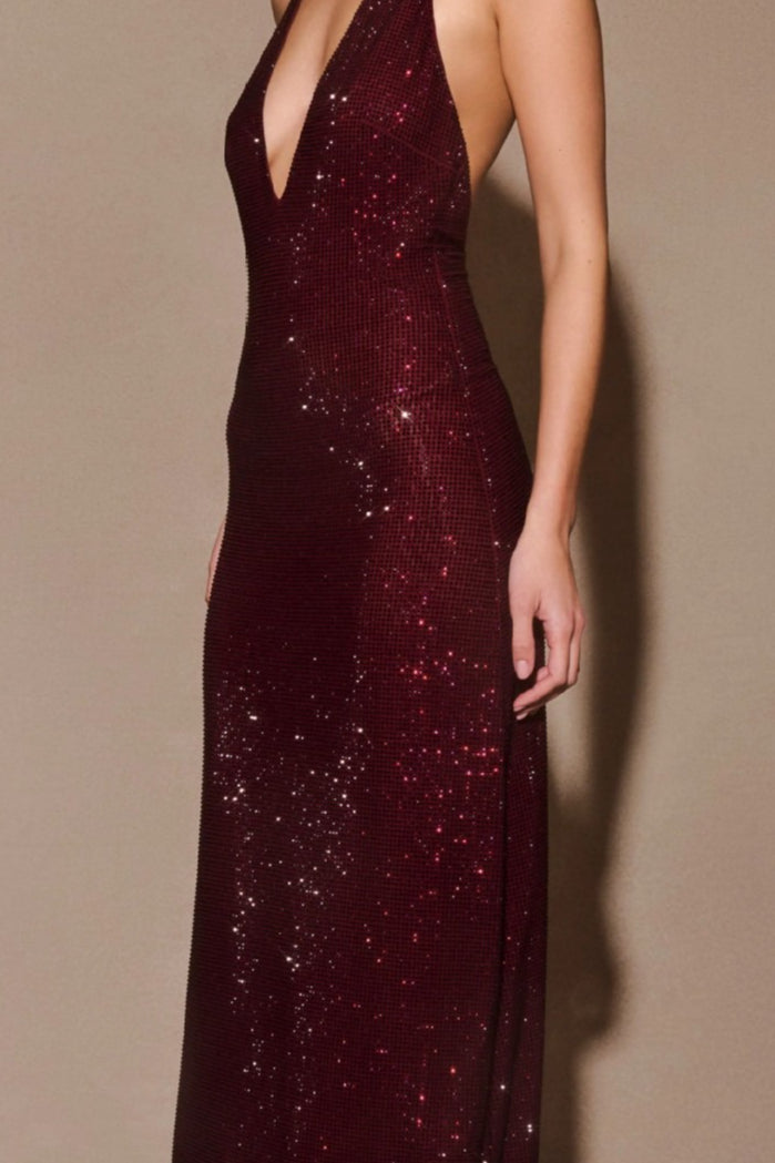 Halter Neck Deep V-Neck Backless Rhinestone Bias Cut Maxi Prom Dress - View 6