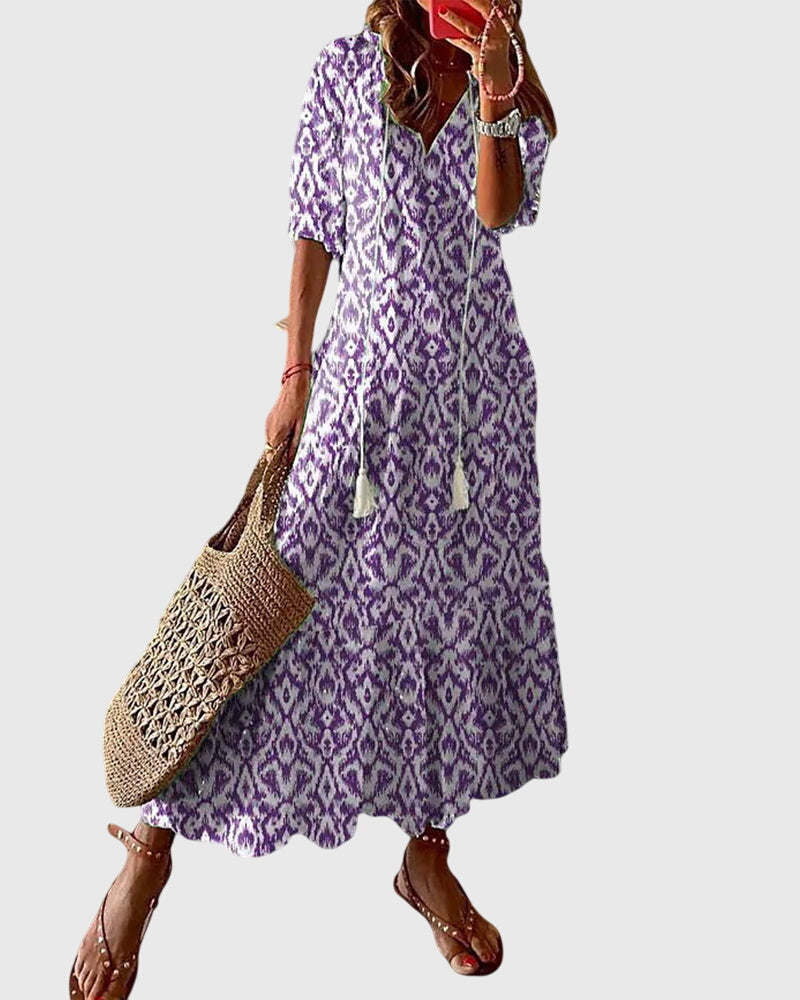 Ikat Print Tassel Tie V-Neck Tiered Boho Maxi Dress 3