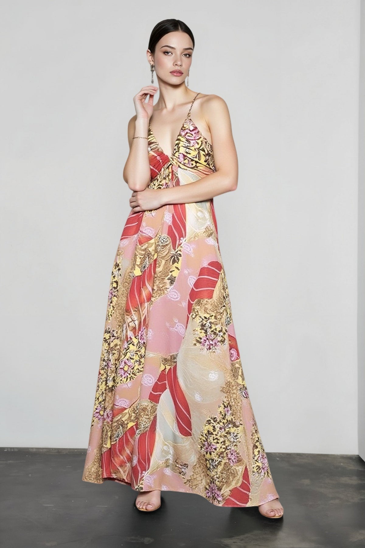 Deep V-Neck Spaghetti Strap Floral Satin Maxi Dress
