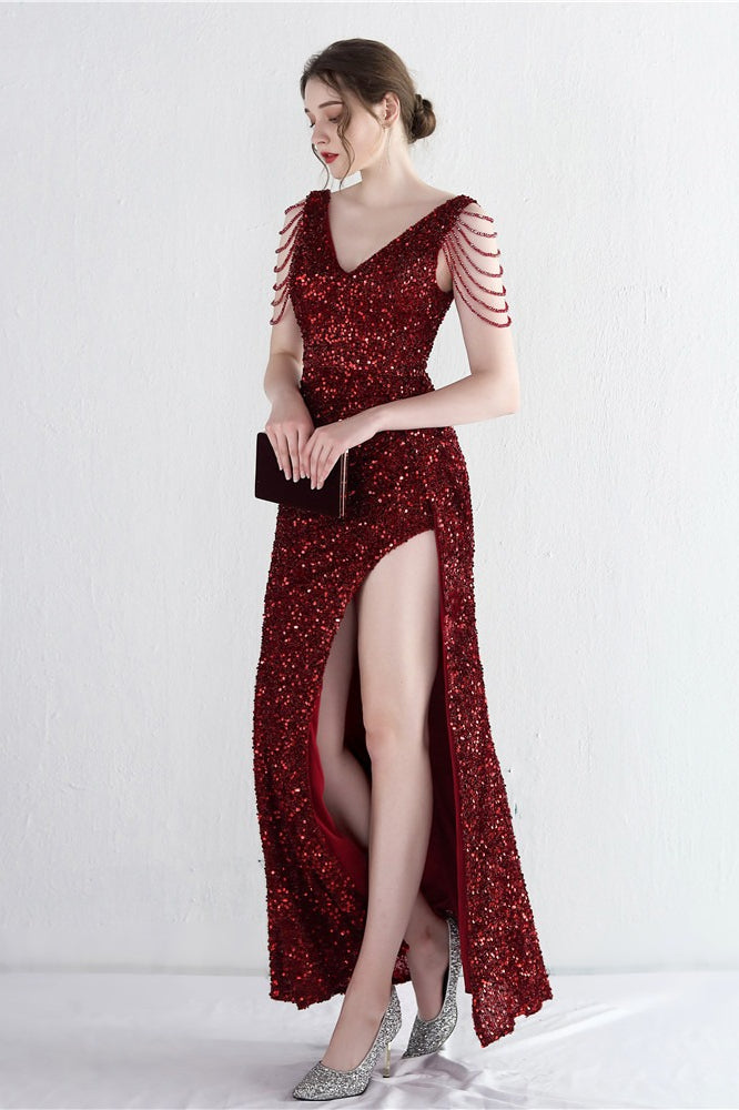 Sequin V-Neck Beaded Fringe High Split Mermaid Gown - View 15