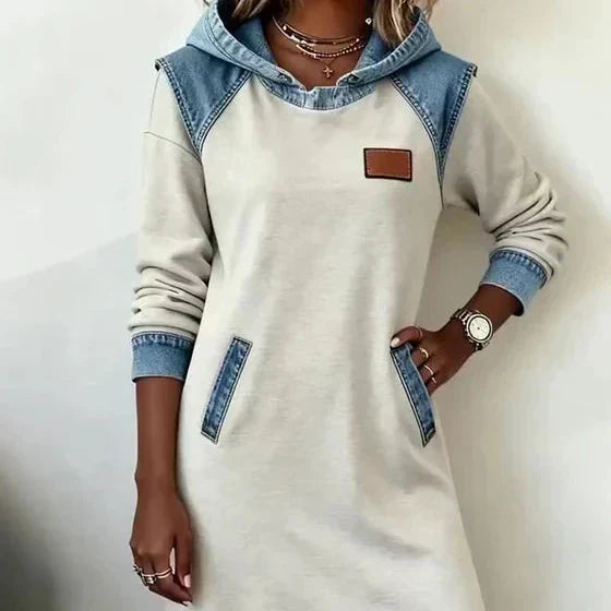 Hooded Denim Contrast Long Sleeve Sweatshirt Dress