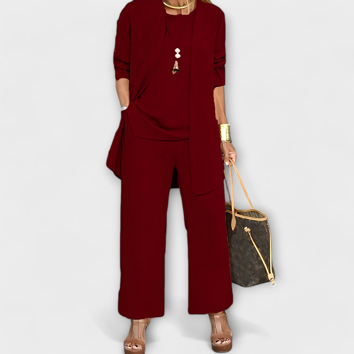 Longline Duster Cardigan Top and Wide Leg Pants Three Piece Set 4