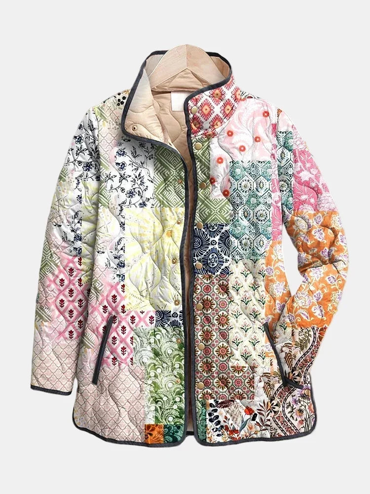 Patchwork Floral Stand Collar Quilted Jacket