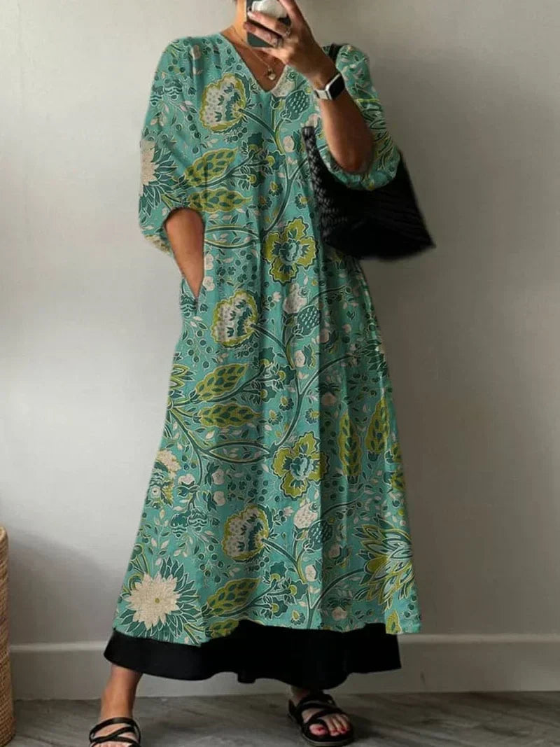 Botanical Floral V-Neck Contrast Hem Maxi Dress