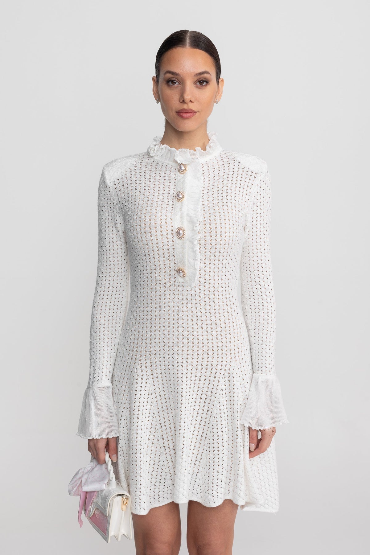 Open-Knit Mini Dress - White - View 6