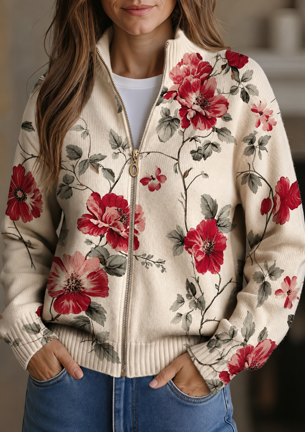 Rose Floral Print Zip Front Cardigan