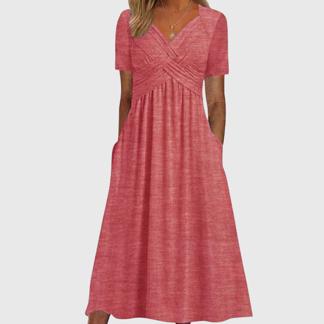 Cross Front Ruched V-Neck Short Sleeve Pocket Midi Dress 4