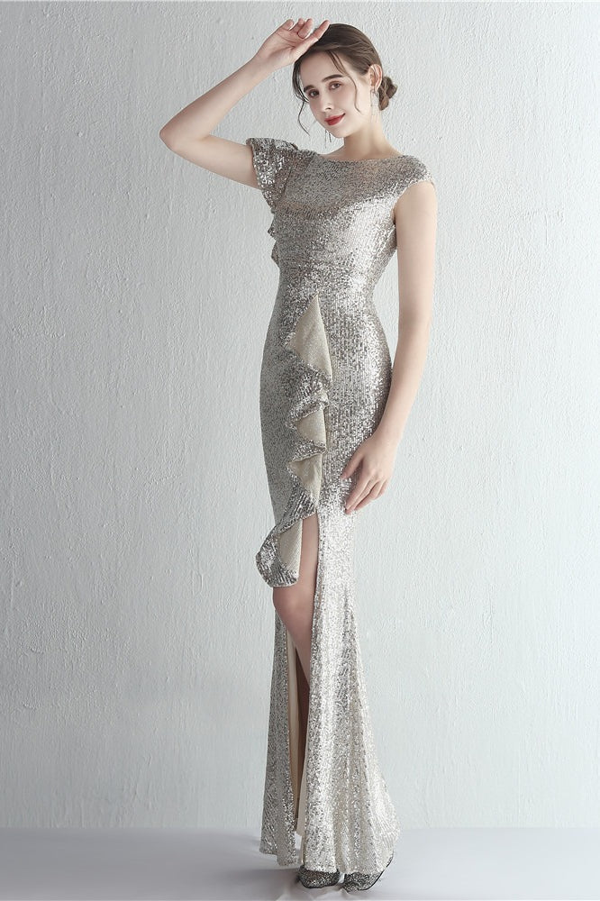 Sequin High Neck Cap Sleeve Ruffle High Split Mermaid Gown - View 14