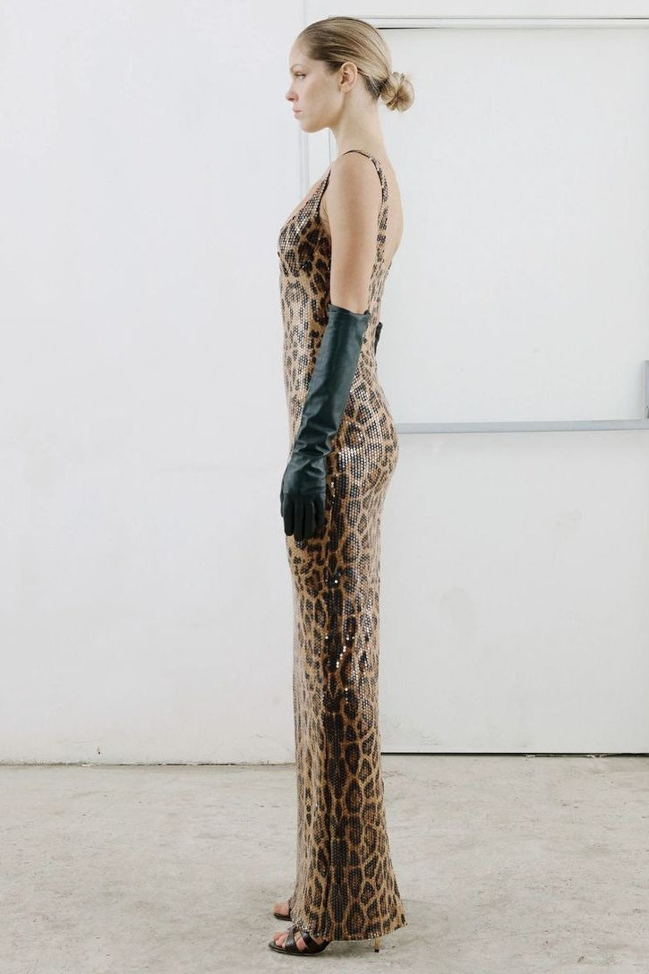 Leopard Sequin Sheer Cape Cut Out Mermaid Maxi Gown - View 5
