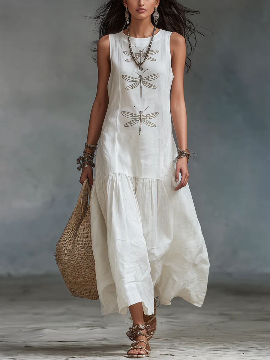 Sleeveless Dragonfly Print Tiered Maxi Dress 3