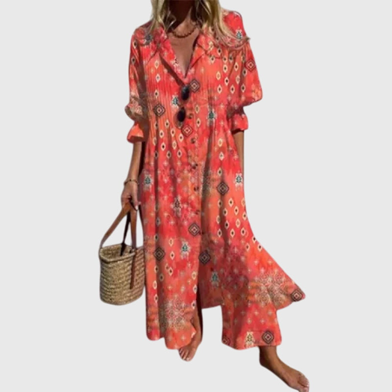 Watercolor Floral Print Split Neck Long Sleeve Maxi Dress 5
