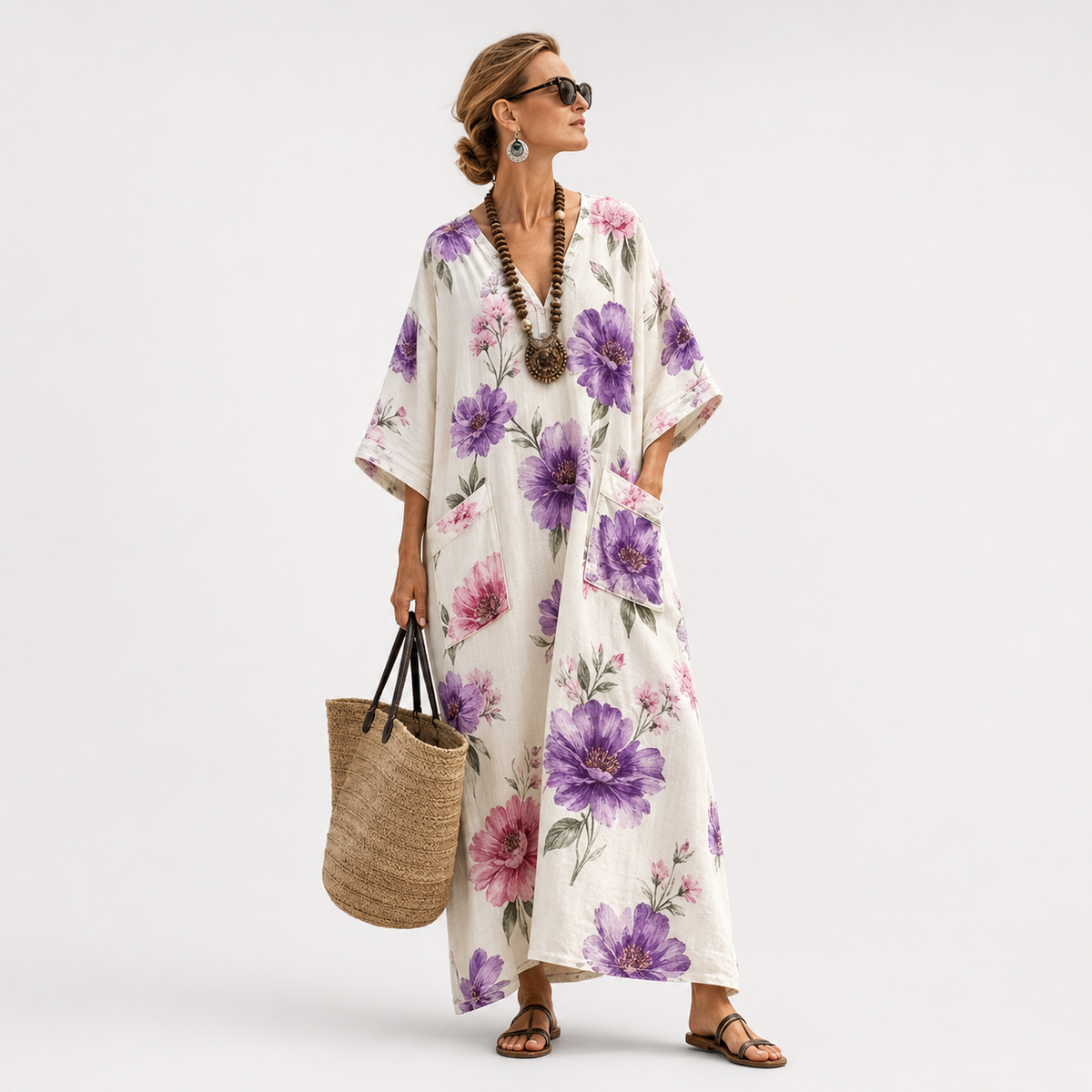 Floral Print V-Neck Kimono Sleeve Kaftan Maxi Beach Cover Up