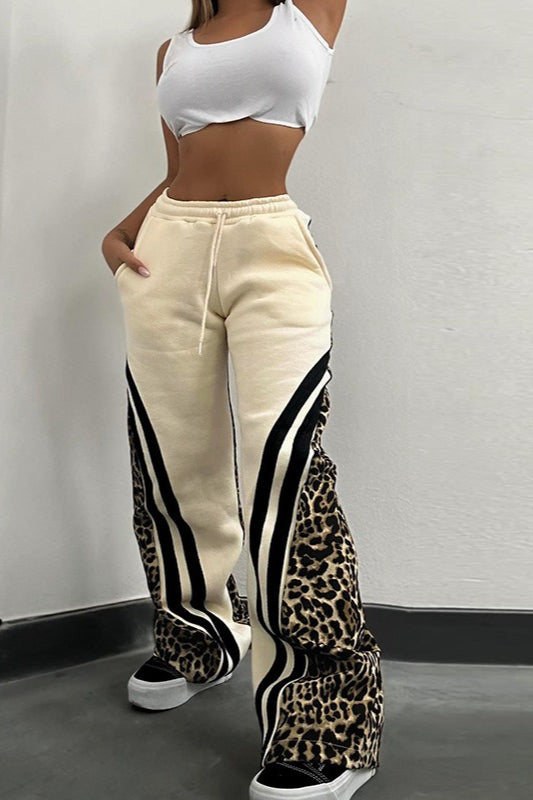 Leopard Print Stripe Color Block High Waist Loose Pants