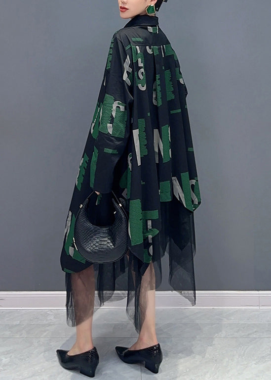 Letter Print Collared Button Down Long Sleeve Tulle Shirt Dress - View 5