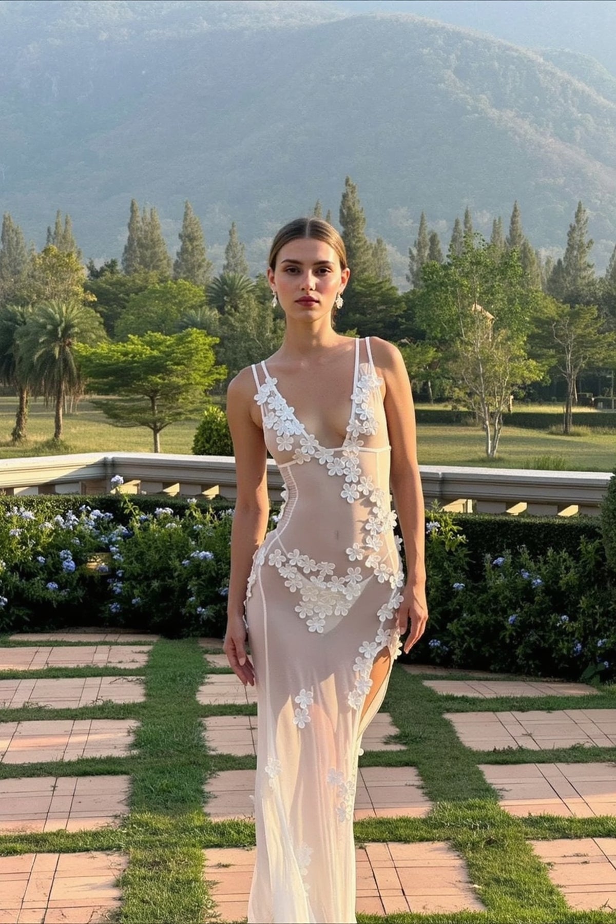 Backless Sheer Mesh Floral Dress
