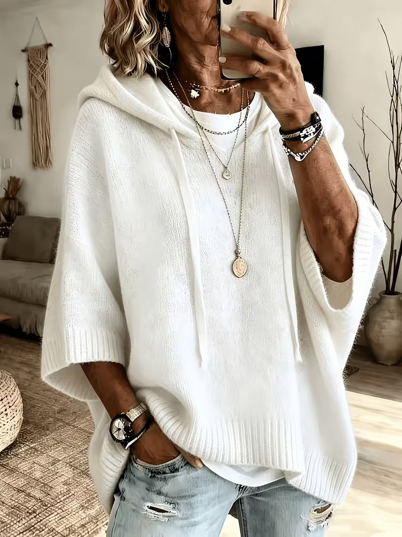 Hooded Drawstring Oversized Knit Poncho Sweater 27