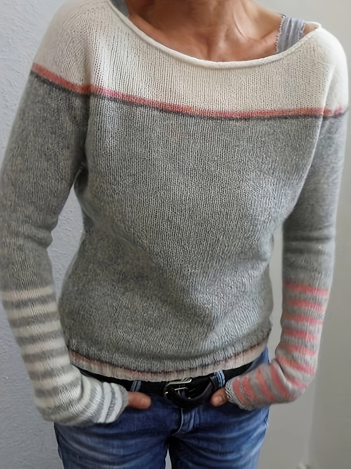 Boat Neck Long Sleeve Striped Lightweight Knit Sweater