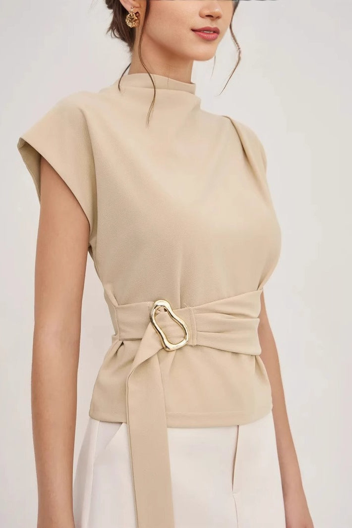 Mock Neck Sleeveless Padded Shoulder Belted Peplum Top 2