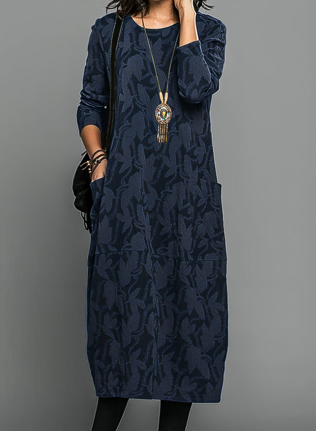 Leaf Jacquard Round Neck Long Sleeve Pocket Midi Dress 3
