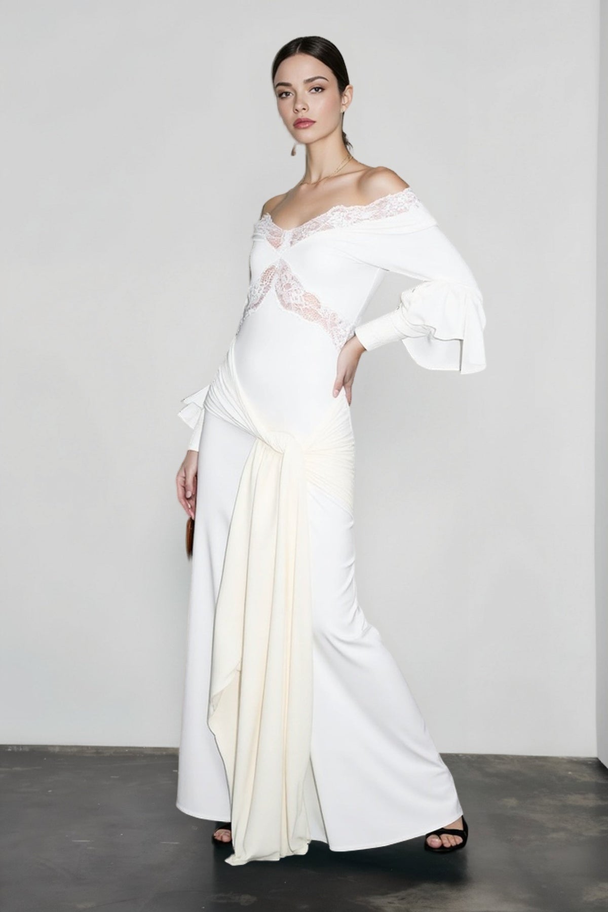 Off Shoulder Lace Trim Bell Sleeve Cut Out Maxi Dress - View 3