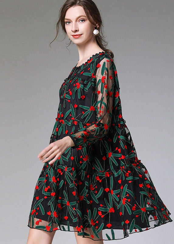 Floral Embroidered Mesh Overlay Long Sleeve A-Line Mini Dress - View 3