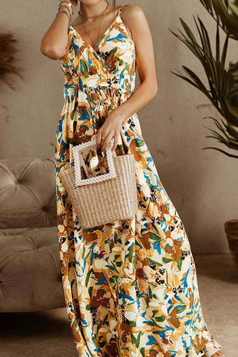 Boho Style Sleeveless Trendy Print Maxi Dress Yellow / S