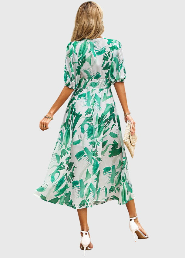 Floral Print Deep V-Neck Puff Sleeve High Waist Maxi Dress 10