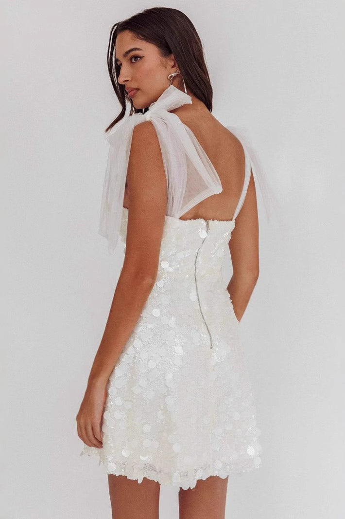 Sequin Deep V-Neck Tulle Bow Strap Bodycon Mini Party Dress - View 4