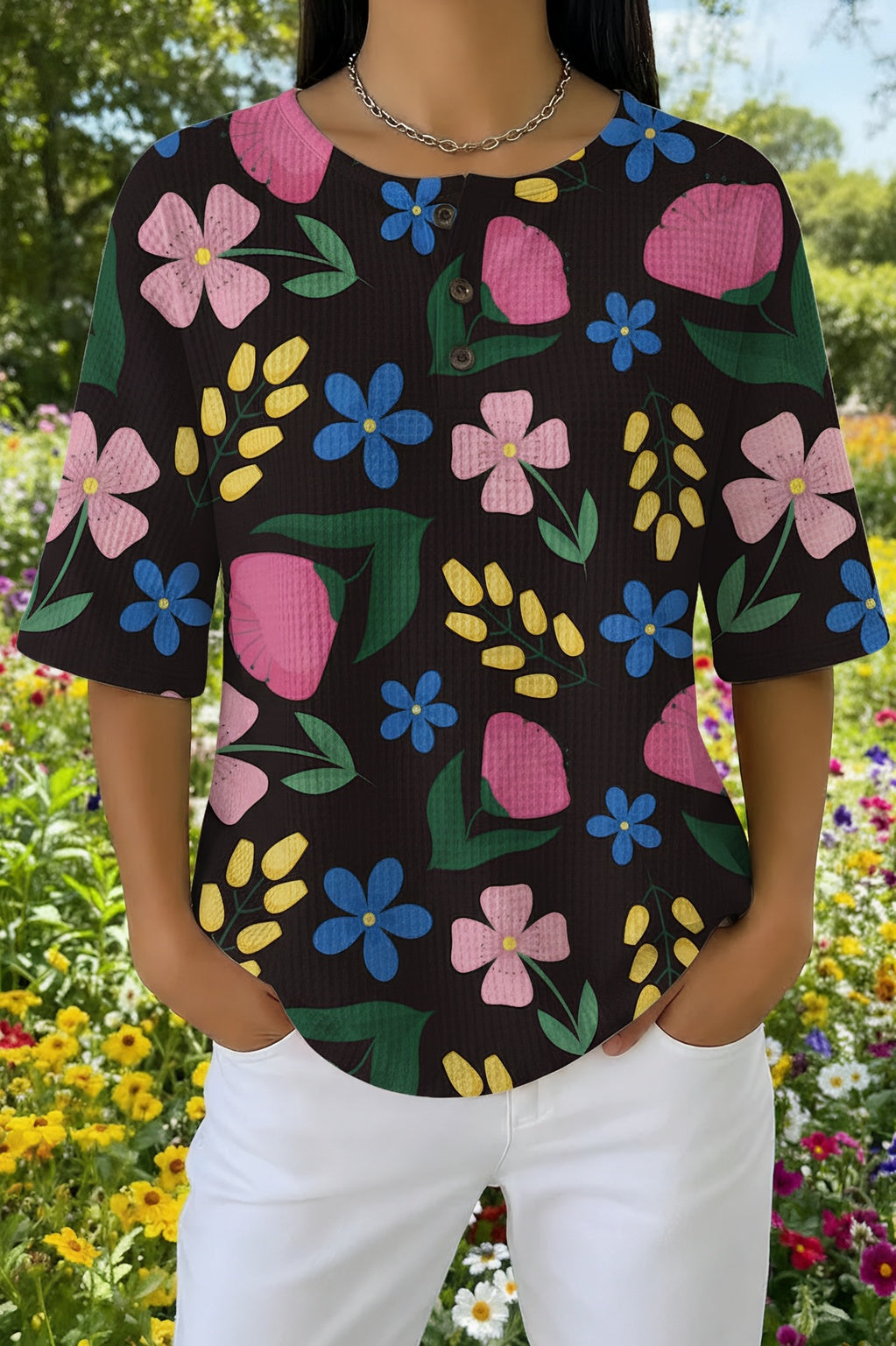 Ditsy Floral Waffle Knit Half Sleeve Henley Top