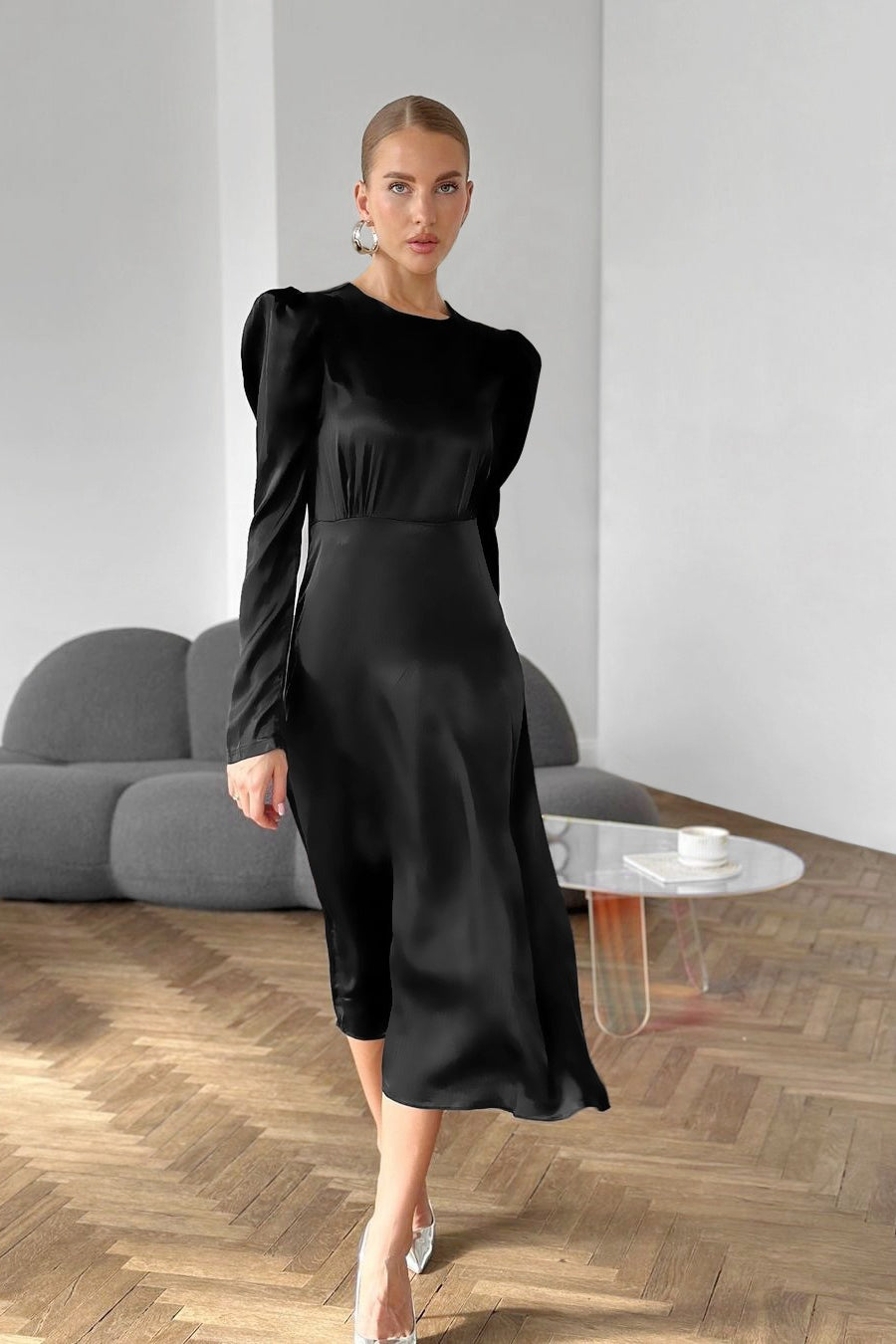 Black Satin Puff Sleeve Midi Dress