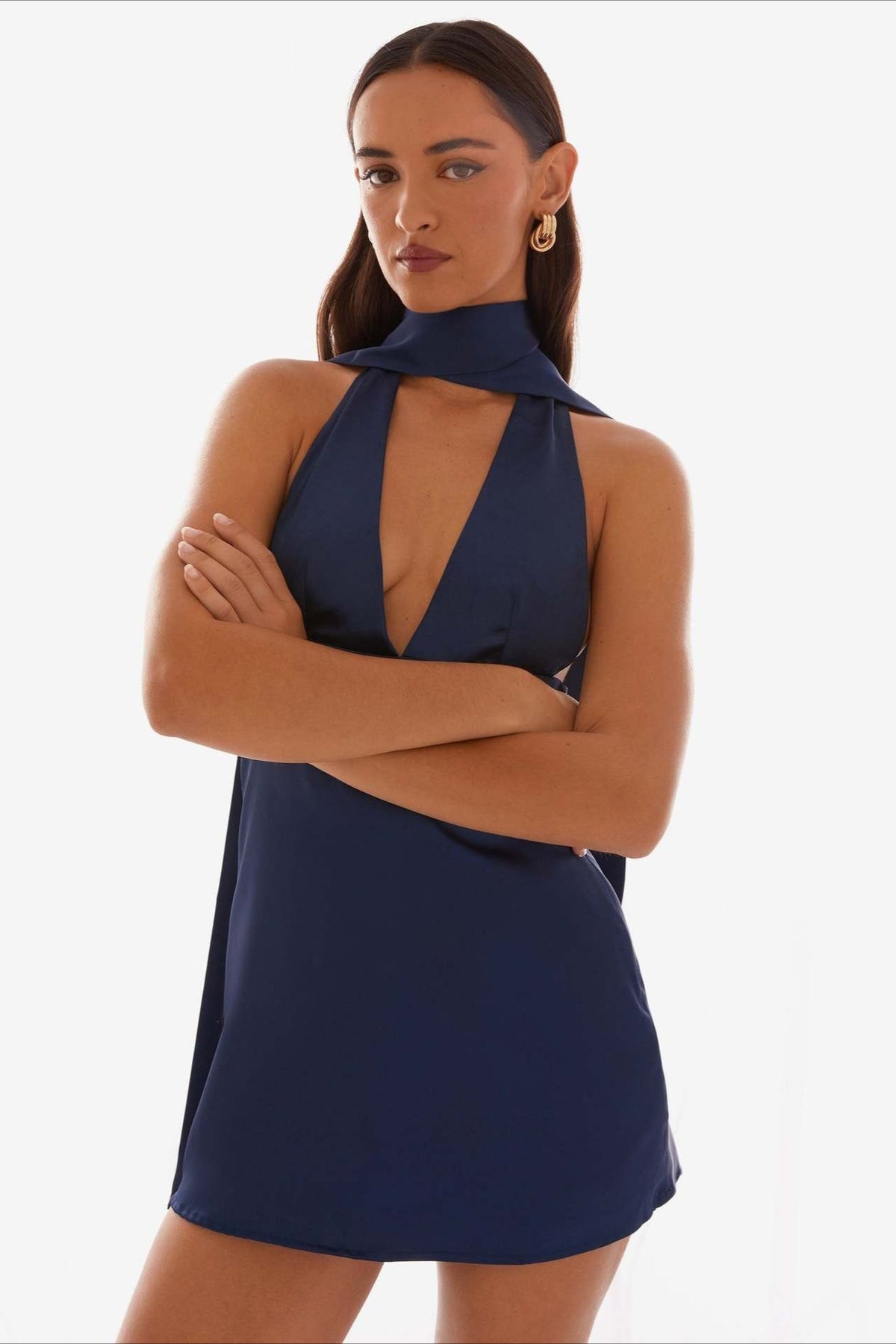 Satin Halter Scarf Neck Deep V-Neck Cut Out Mini Cocktail Dress - View 5