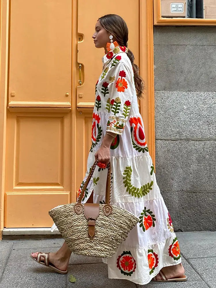 Embroidered Floral Long Sleeve Collared Button Front Tiered Maxi Dress - View 6