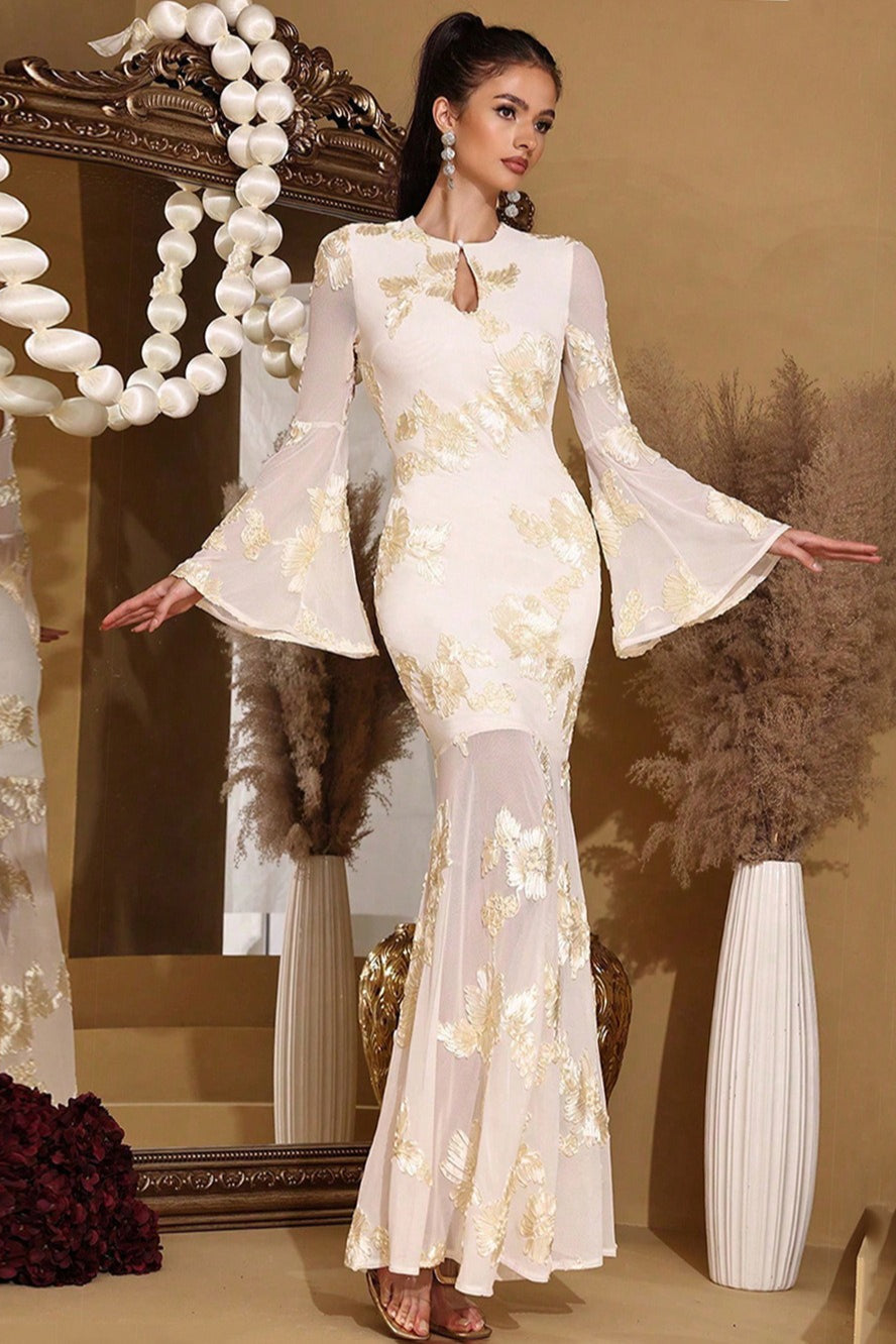 Embroidered Mesh Keyhole Bell Sleeve Mermaid Gown - View 6