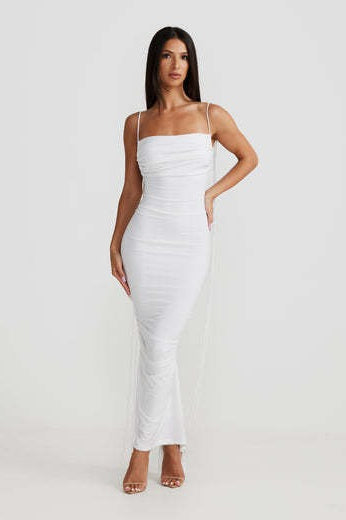 Cowl Neck Spaghetti Strap Backless Ruched Bodycon Maxi Dress - View 5