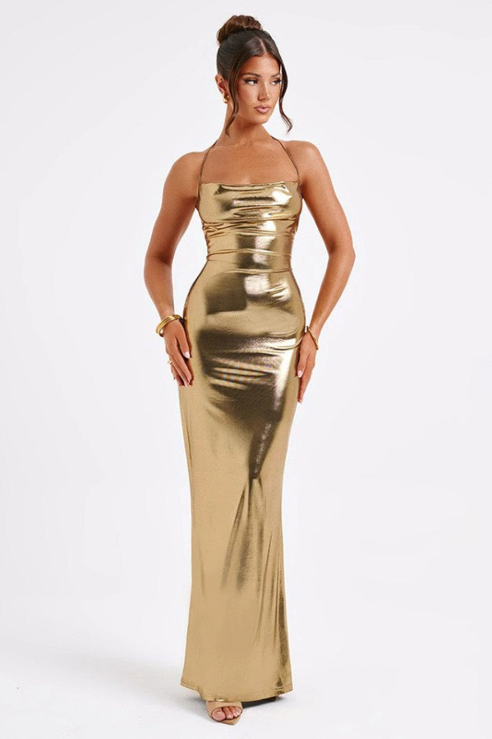 Metallic Spaghetti Strap Ruched Bodycon Fishtail Maxi Dress - View 9