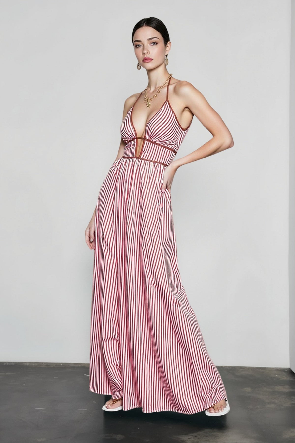 Striped Plunge Neck Halter Contrast Trim A-Line Maxi Dress 6