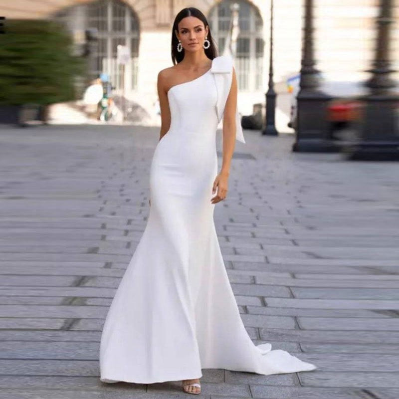 Crepe Bow Shoulder Fishtail Mermaid Wedding Gown - View 4