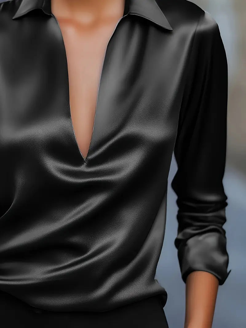Collared Deep V-Neck Long Sleeve Satin Blouse 41