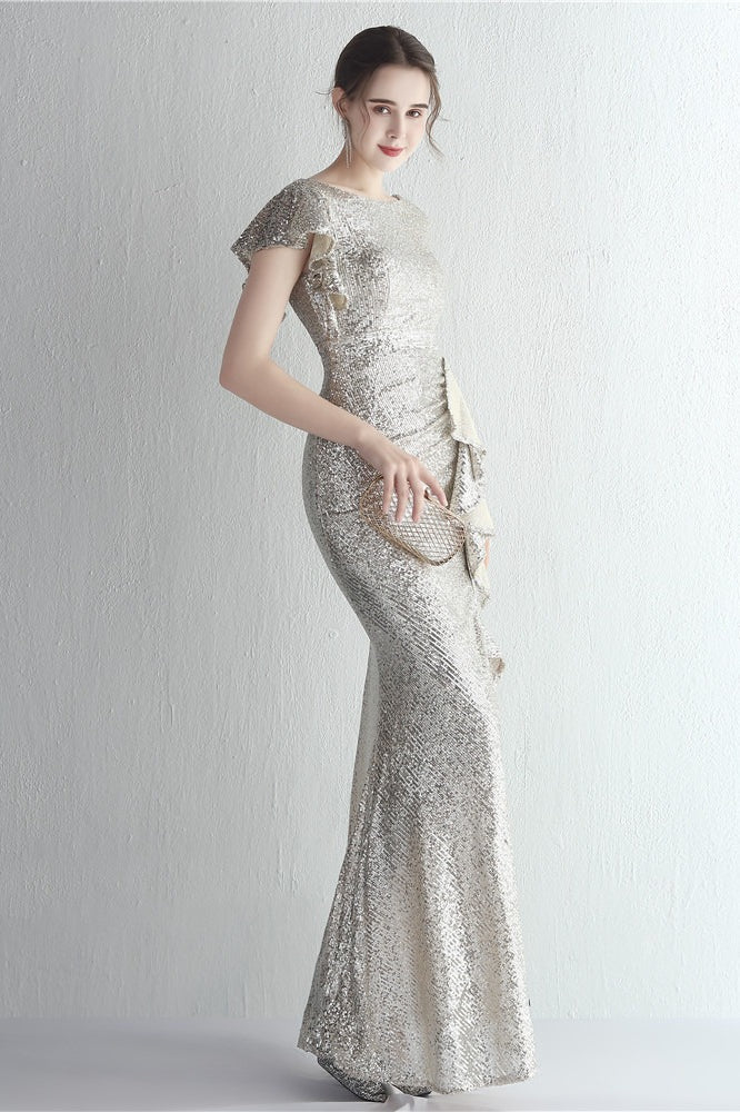 Sequin High Neck Cap Sleeve Ruffle High Split Mermaid Gown - View 16