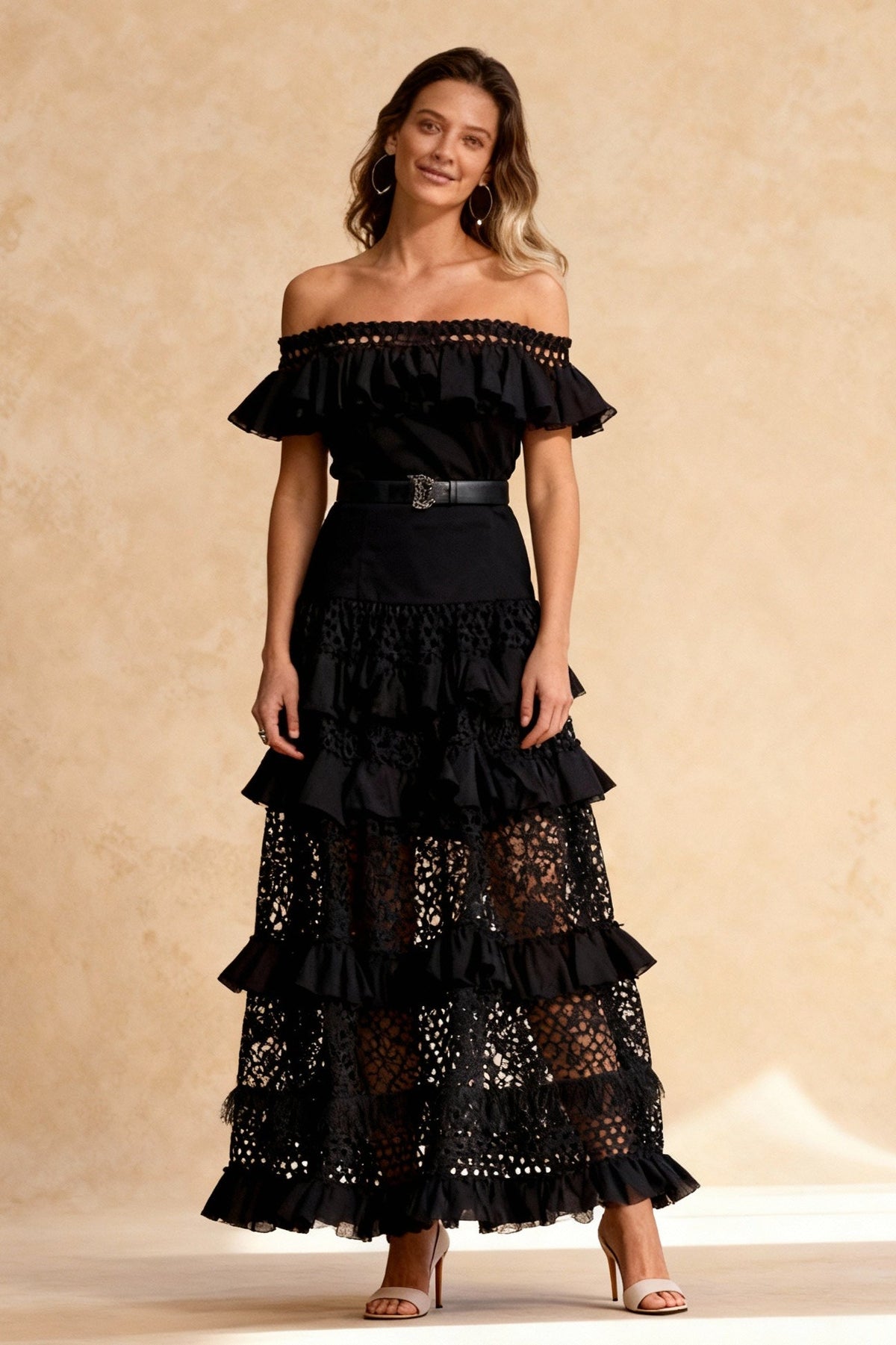 One-Shoulder Ruffled Hollow Swing Graceful Lace Patchwork Long Dress - View 4