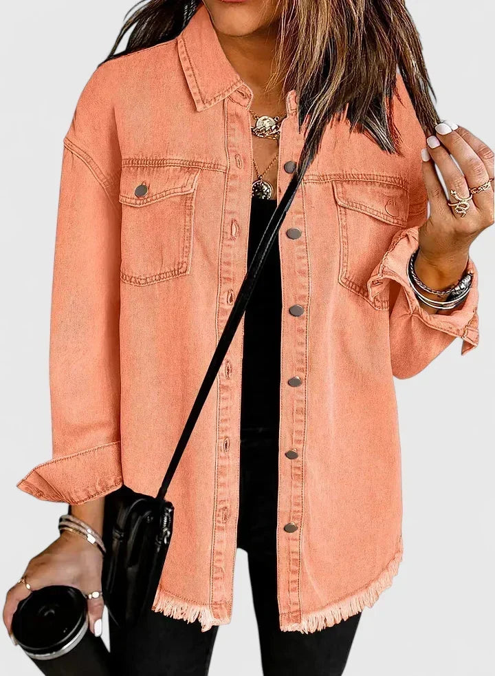 Button Front Frayed Hem Denim Shirt Jacket 4