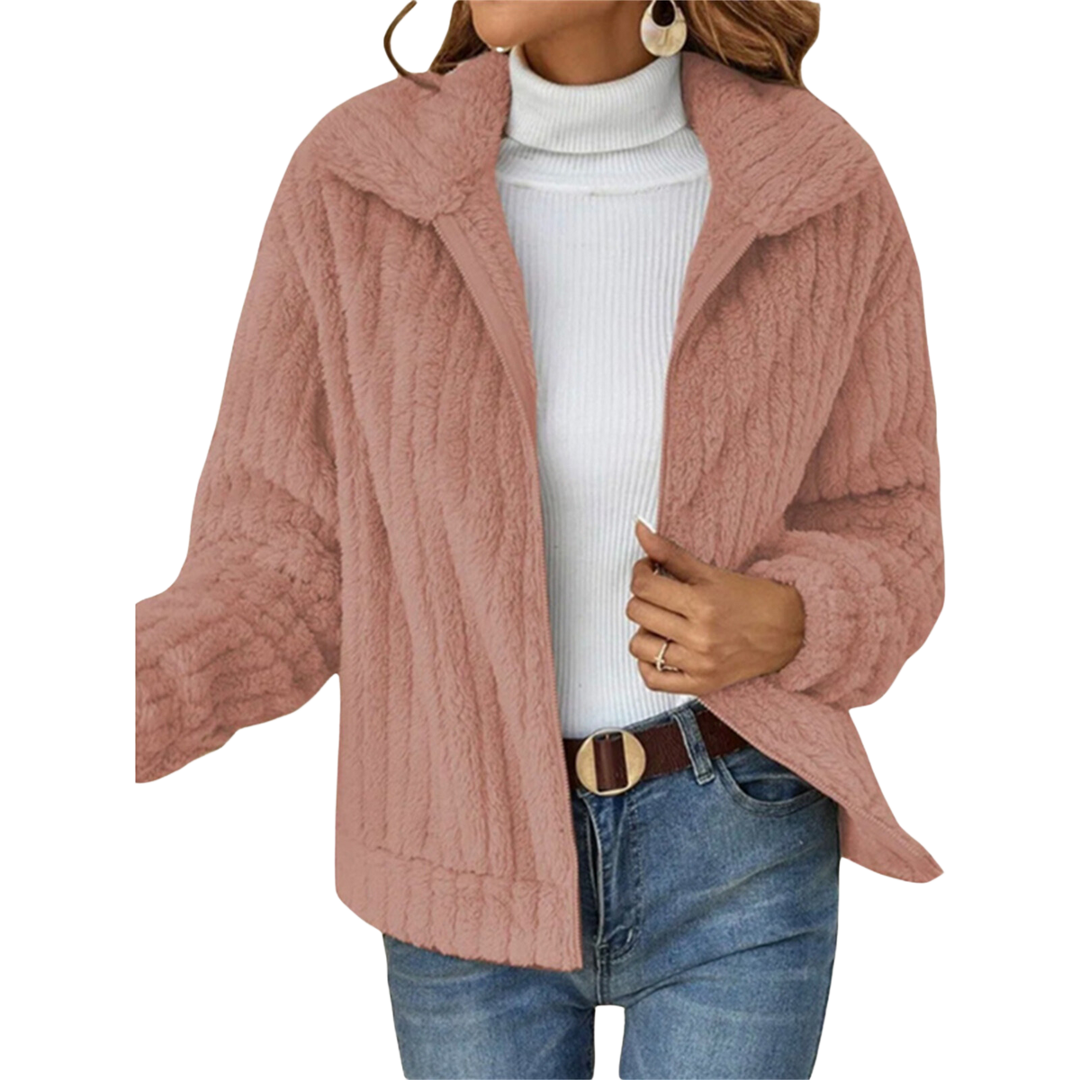 Fuzzy Fleece Lapel Collar Open Front Jacket 6