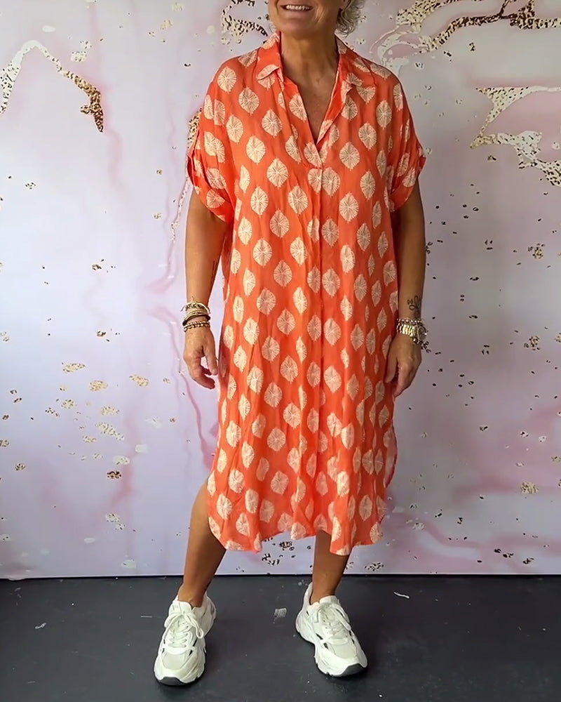 Geometric Print Short Sleeve Lapel Collar Midi Shirt Dress - View 5