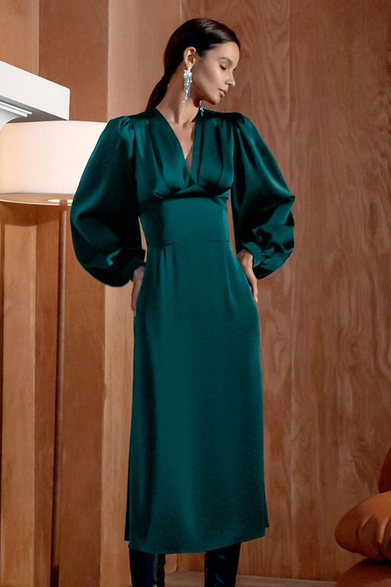 Satin Deep V-Neck Puff Sleeve Ruched Mermaid Midi Dress - View 5