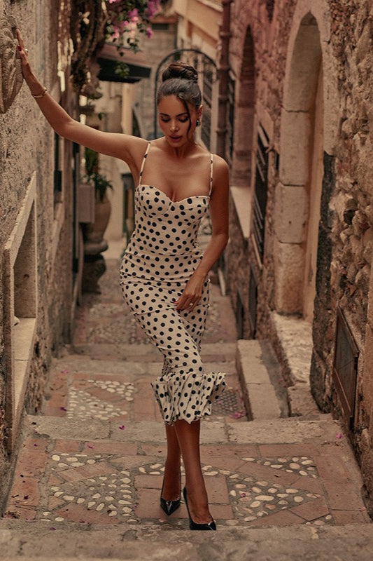Cowl Neck Polka Dot Ruffle Hem Mermaid Midi Dress 4