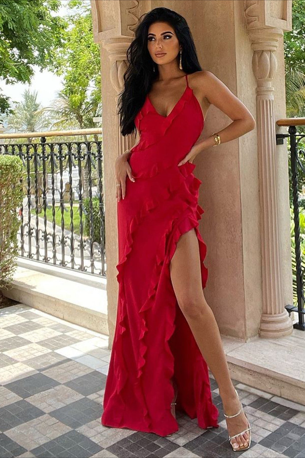 Spaghetti Strap Deep V-Neck Ruffle High Split Maxi Party Dress - View 2