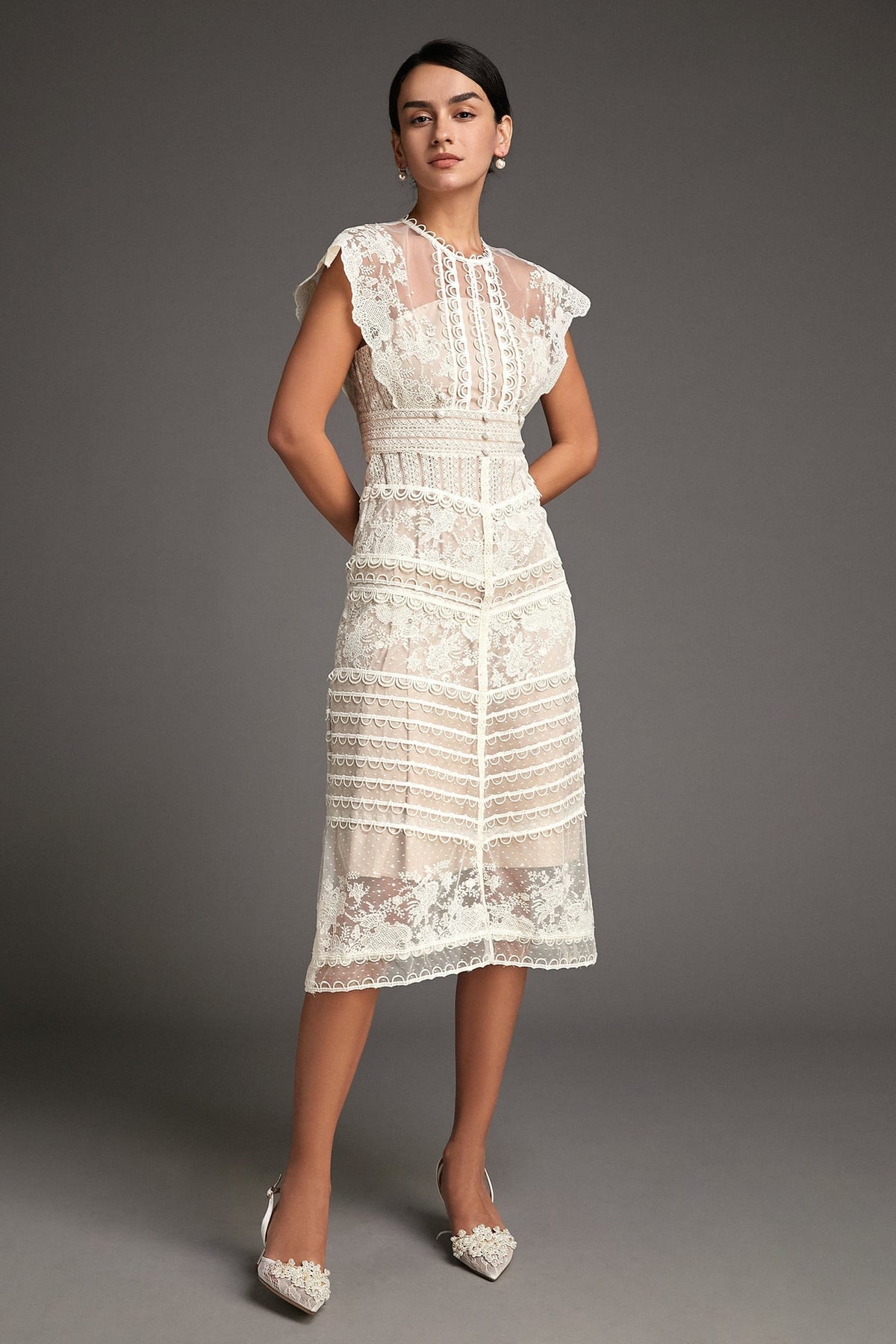 Floral Embroidered Mesh Cap Sleeve Midi Dress - View 3