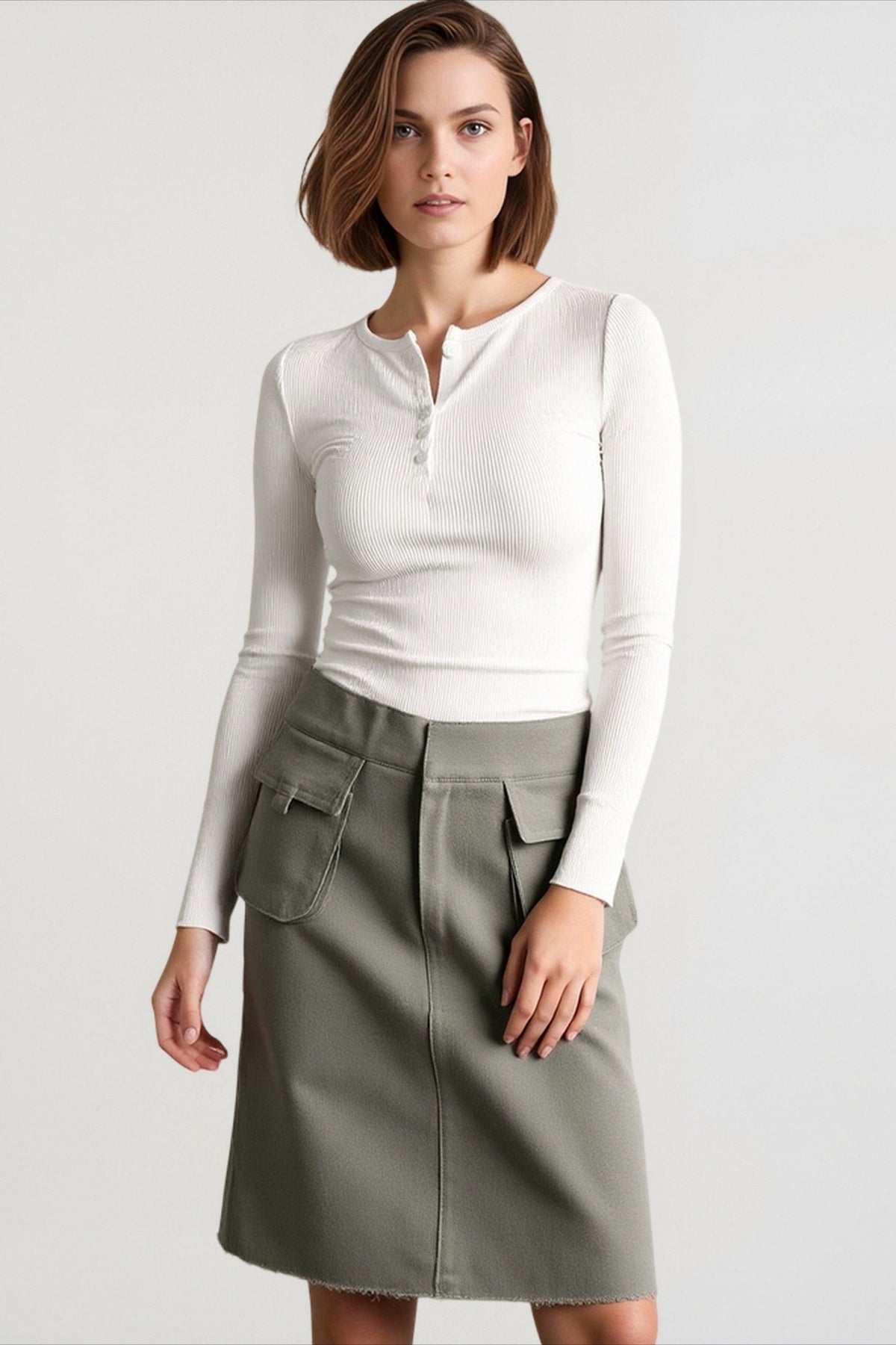 Deep V-Neck Ribbed Long Sleeve Top